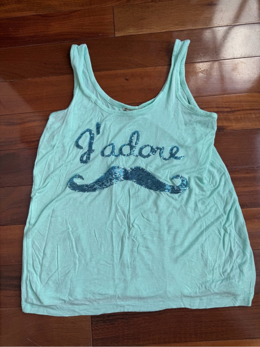 J'adore Sequin Moustache XS Scoop Neck Tank Top - Aqua by Kirra SUPER SOFT